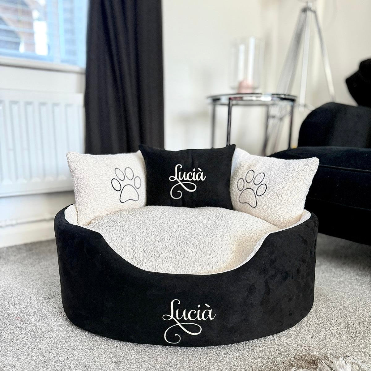 Personalised Cream & Black Suede Cat Bed