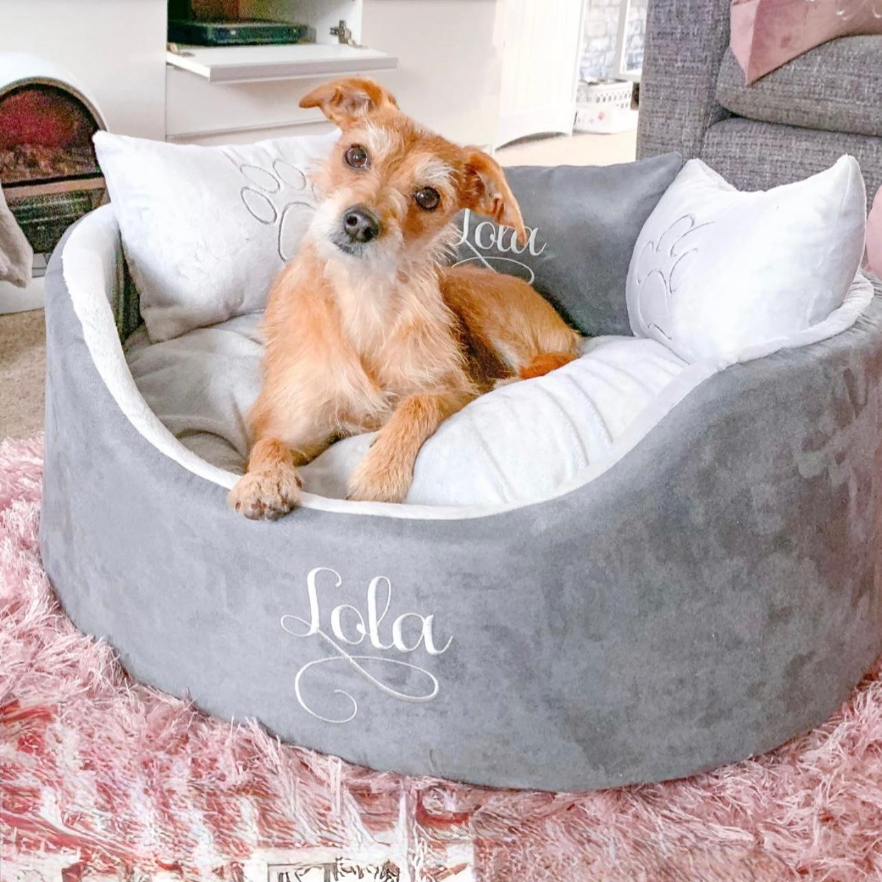 Personalised Grey Suede & Silver Super Soft Dog & Cat Bed – Luxury Custom Pet Bed