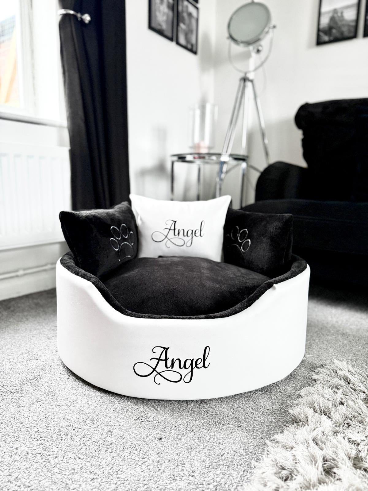 Personalised White Leather & Black Super Soft Dog & Cat Bed – Luxury Custom Pet Bed