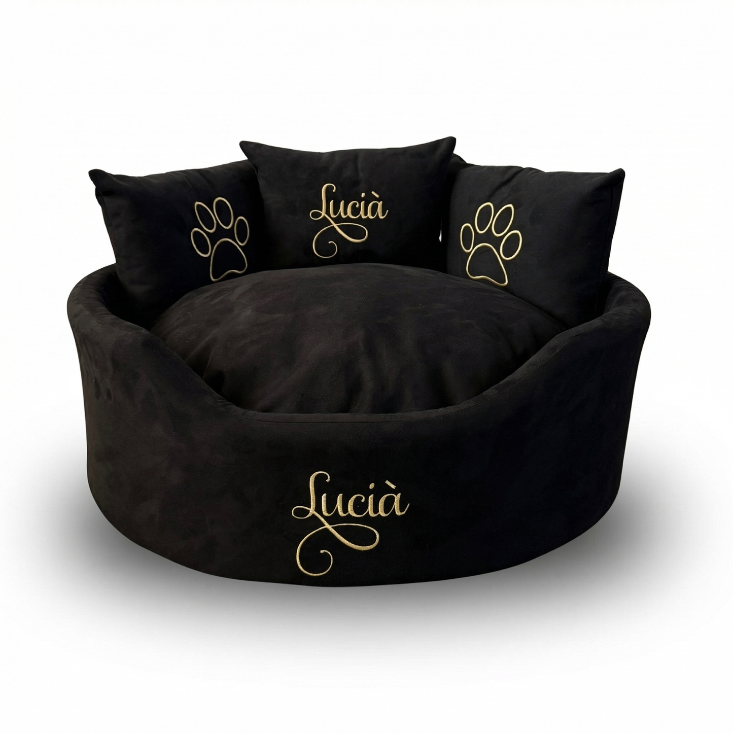 Personalised Black Suede And Gold Dog & Cat Bed – Luxury Custom Pet Bed