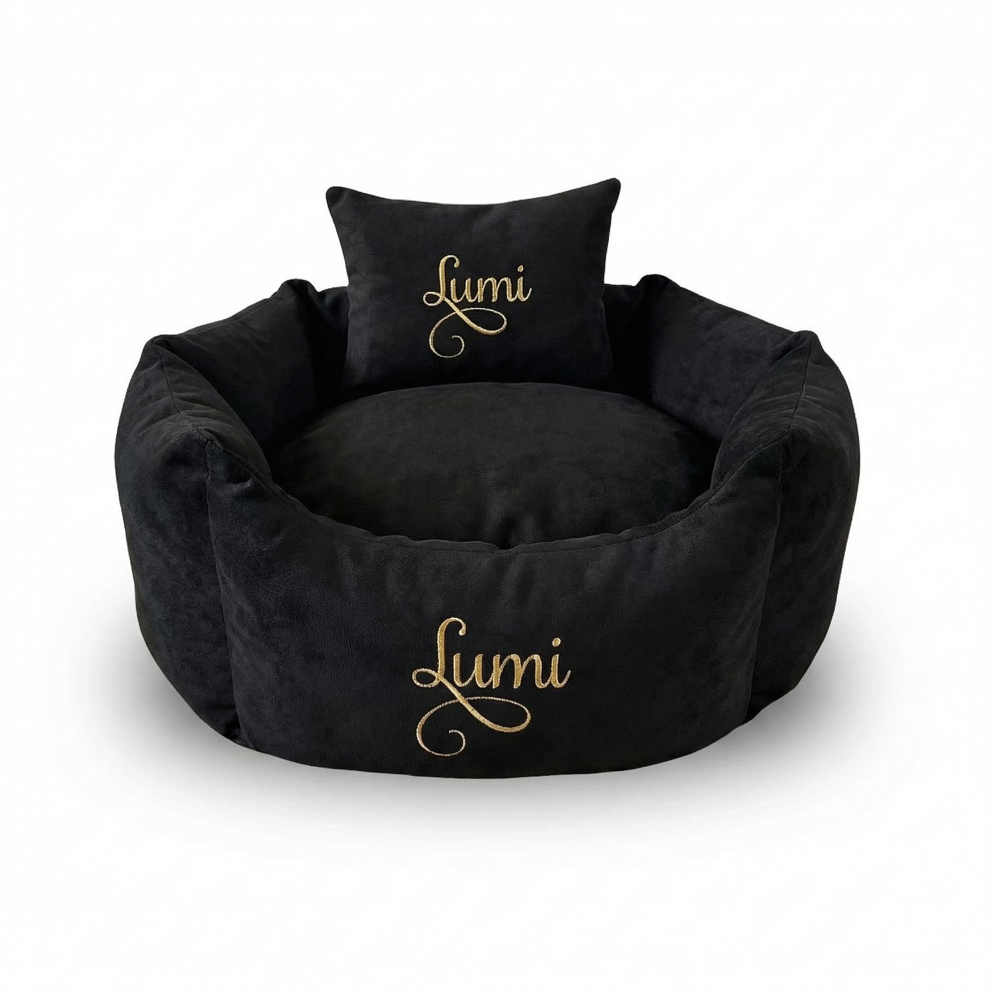 Personalised Black Suede & Gold Snuggle Dog & Cat Bed – Luxury Custom Pet Bed