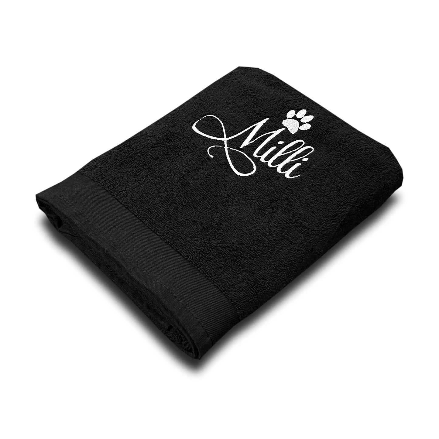 Soft absorbent black dog and cat towel with personalised name embroidery, perfect for bath time or drying after walks.