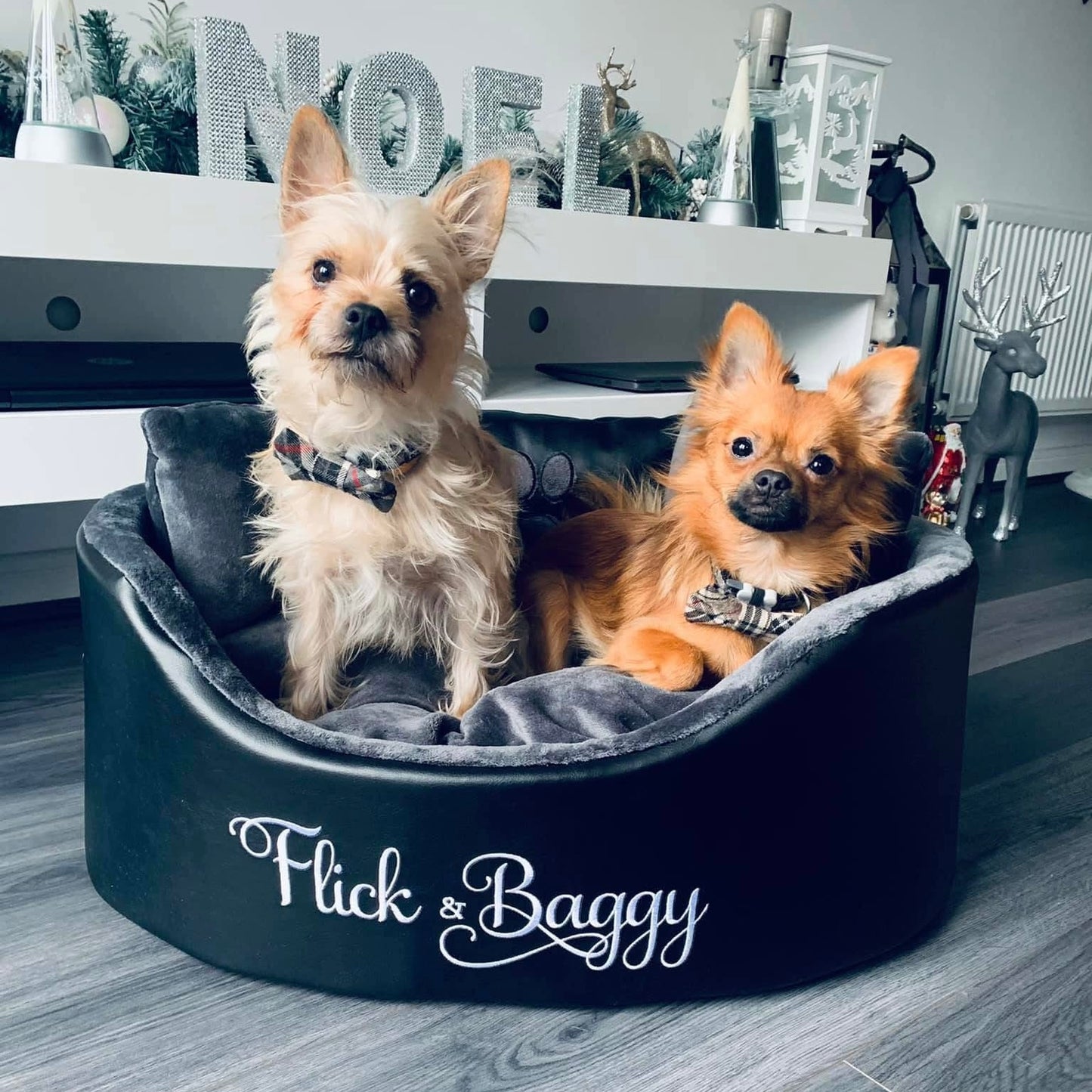 Soft black leather and grey dog and cat bed with personalised name embroidery, providing comfort and style for your pet.