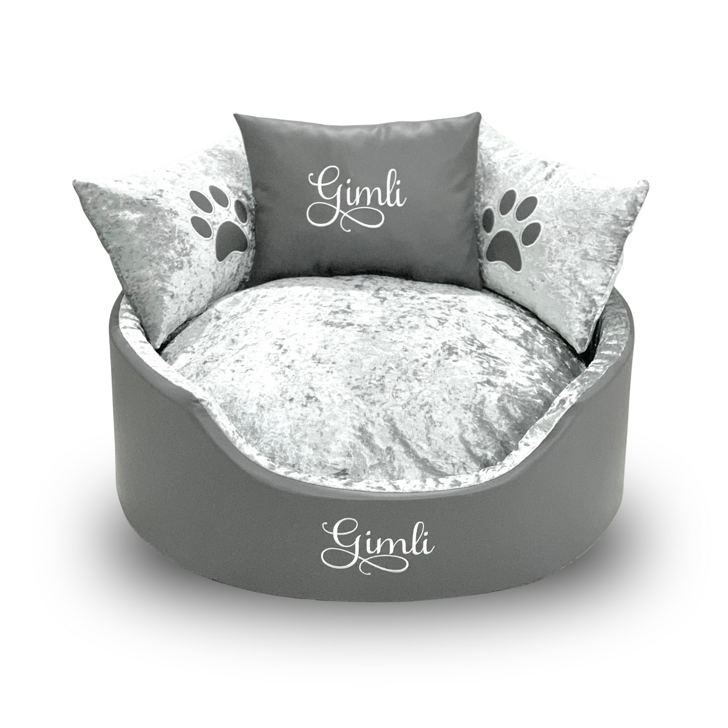 Soft grey leather and silver crushed dog and cat bed with personalised name embroidery, providing comfort and style for your pet.