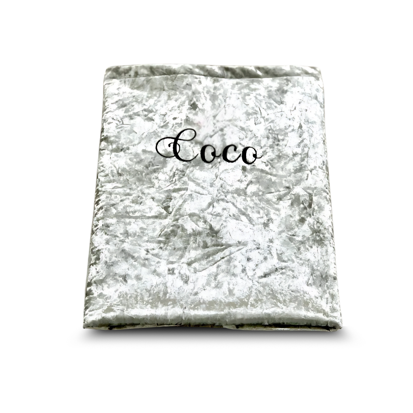 Luxurious silver crushed velvet dog and cat blanket with personalised name embroidery, soft and elegant for pampered pets.