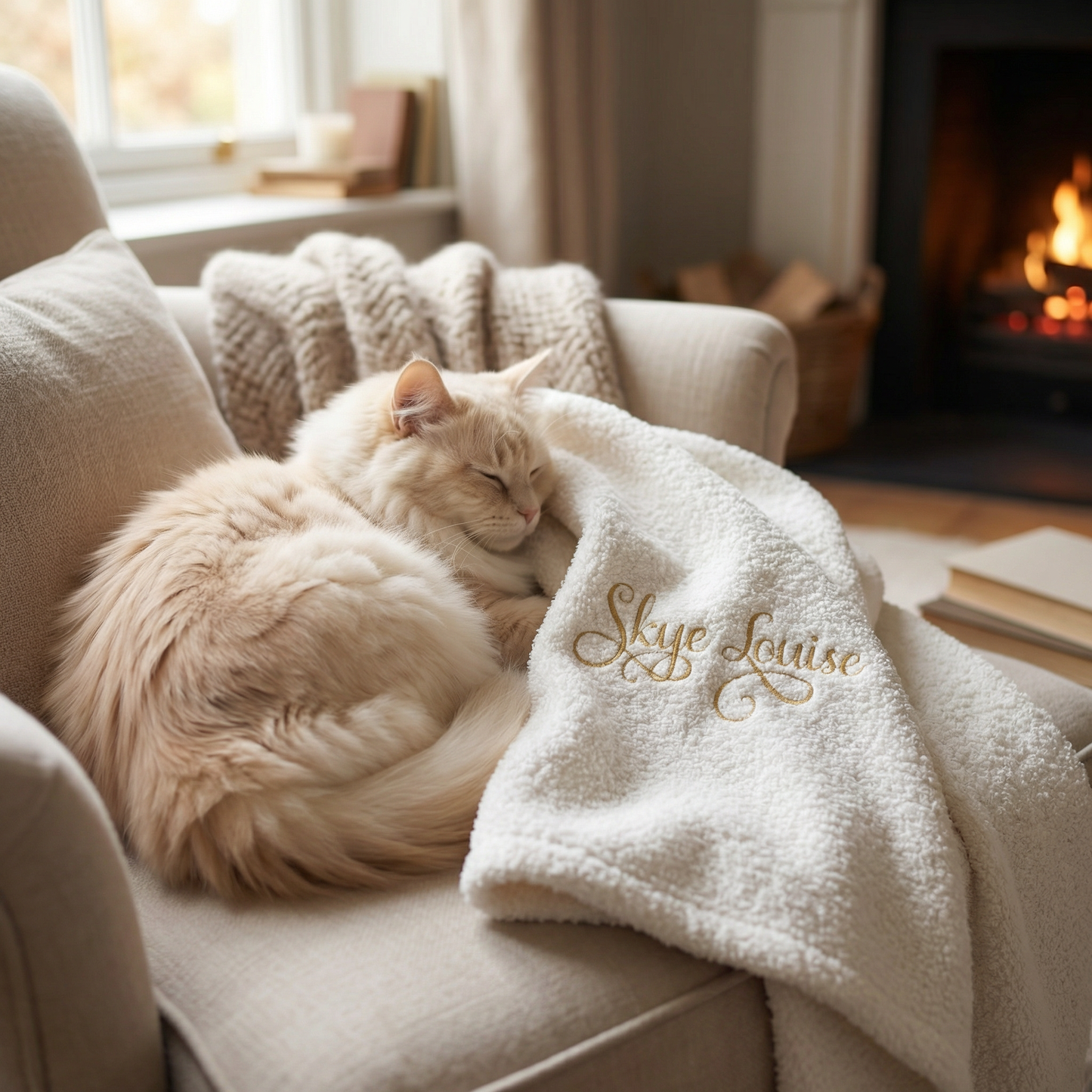 personalised cream and gold cat blanket