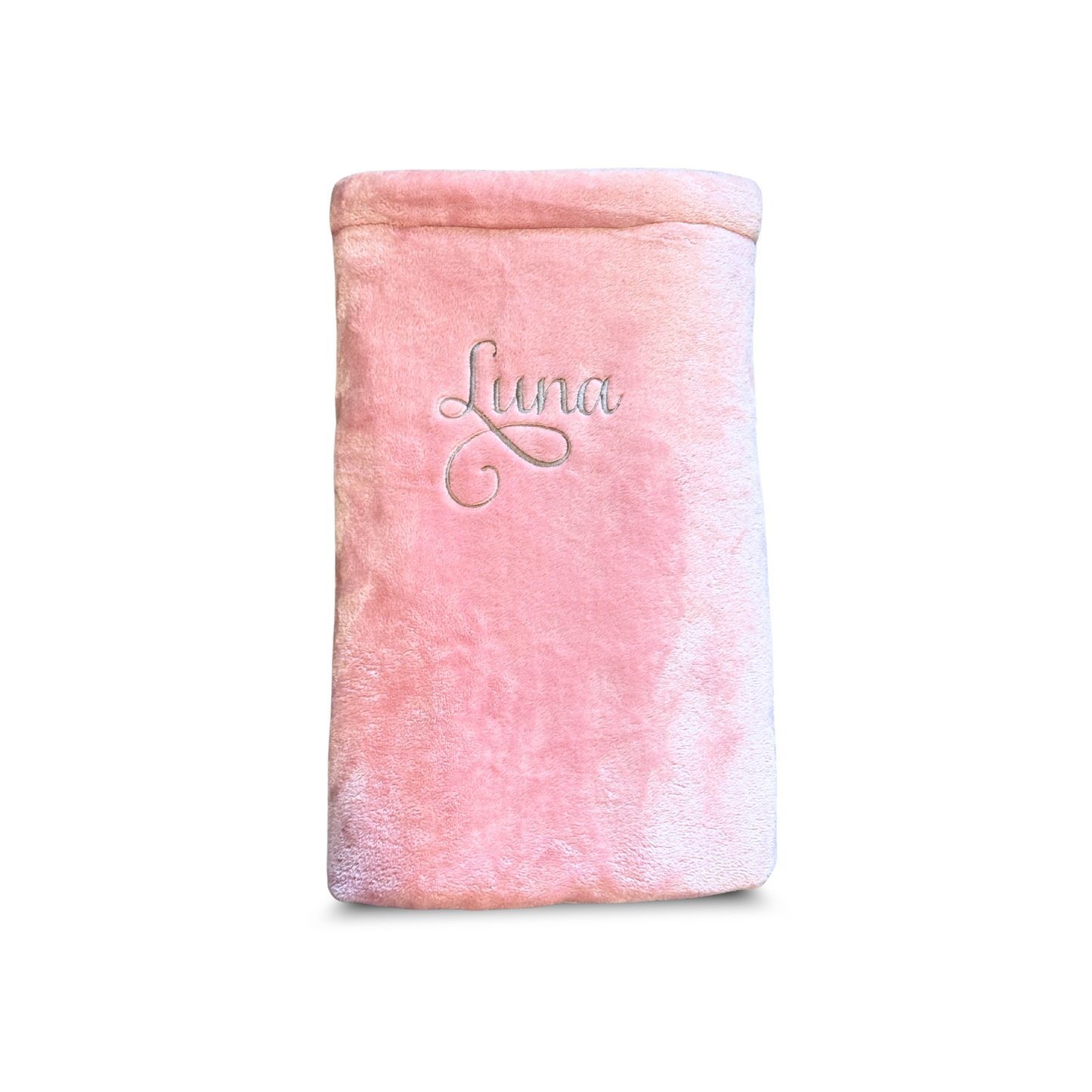Personalised pink super soft blanket with custom embroidered name, made from plush fleece fabric.