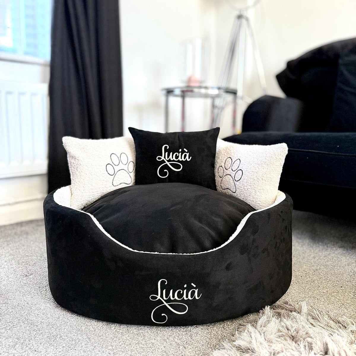 Personalised Black Suede And Cream Pet Bed