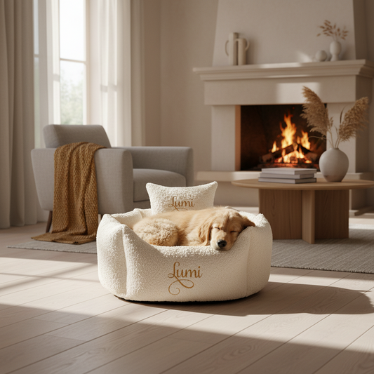 Cream and gold cat and dog bed with a matching pillow featuring the name 