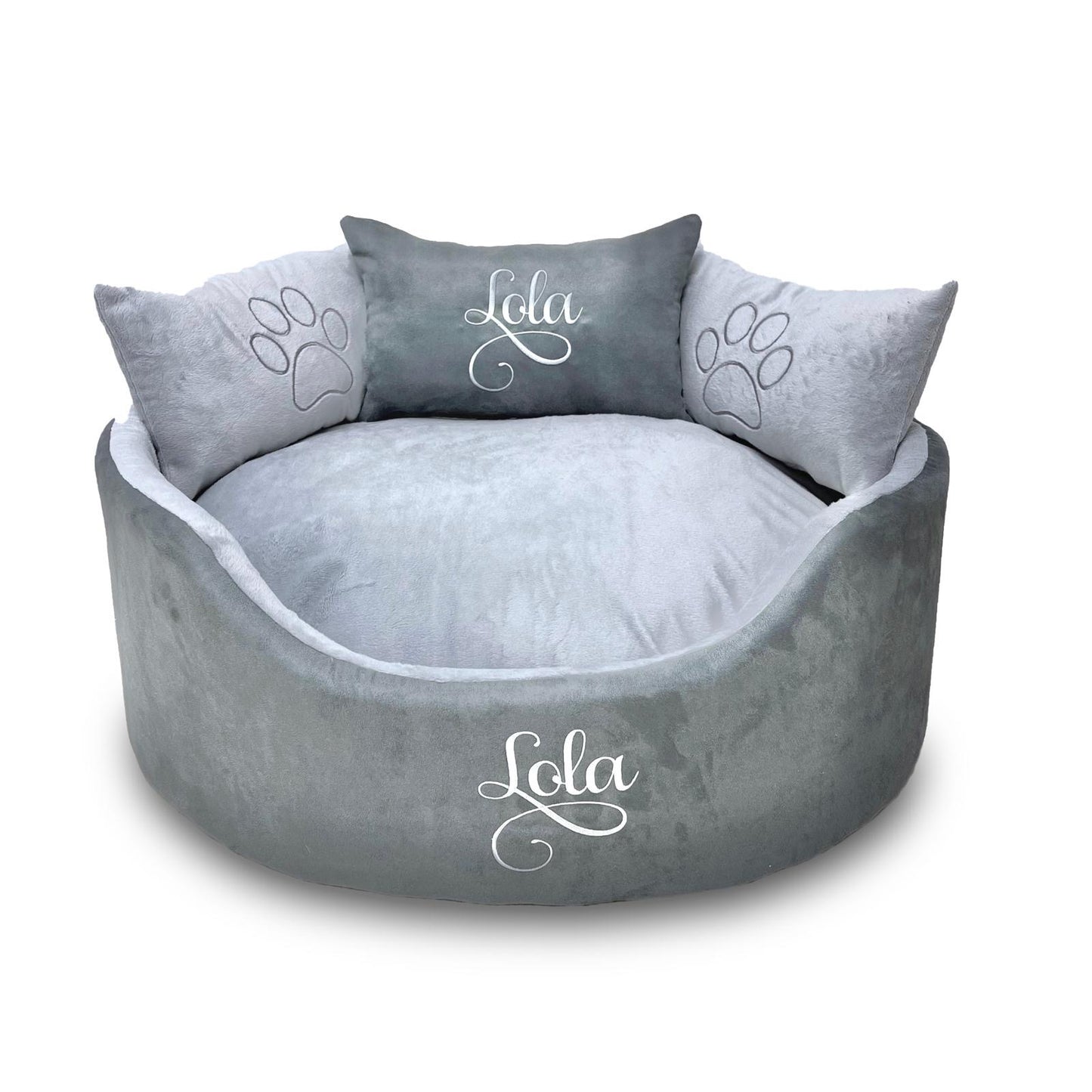 Gray suede and silver pet bed with personalised name  and paw prints 