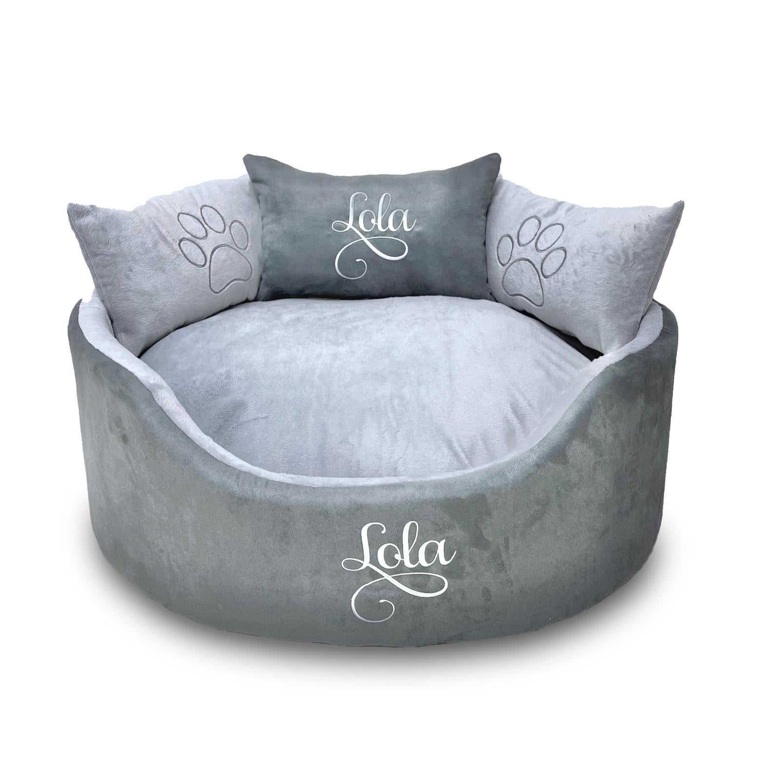 Gray suede and silver pet bed with personalised name  and paw prints 