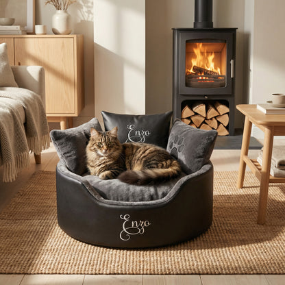 Personalised Black Leather & Grey Super Soft Cat Bed