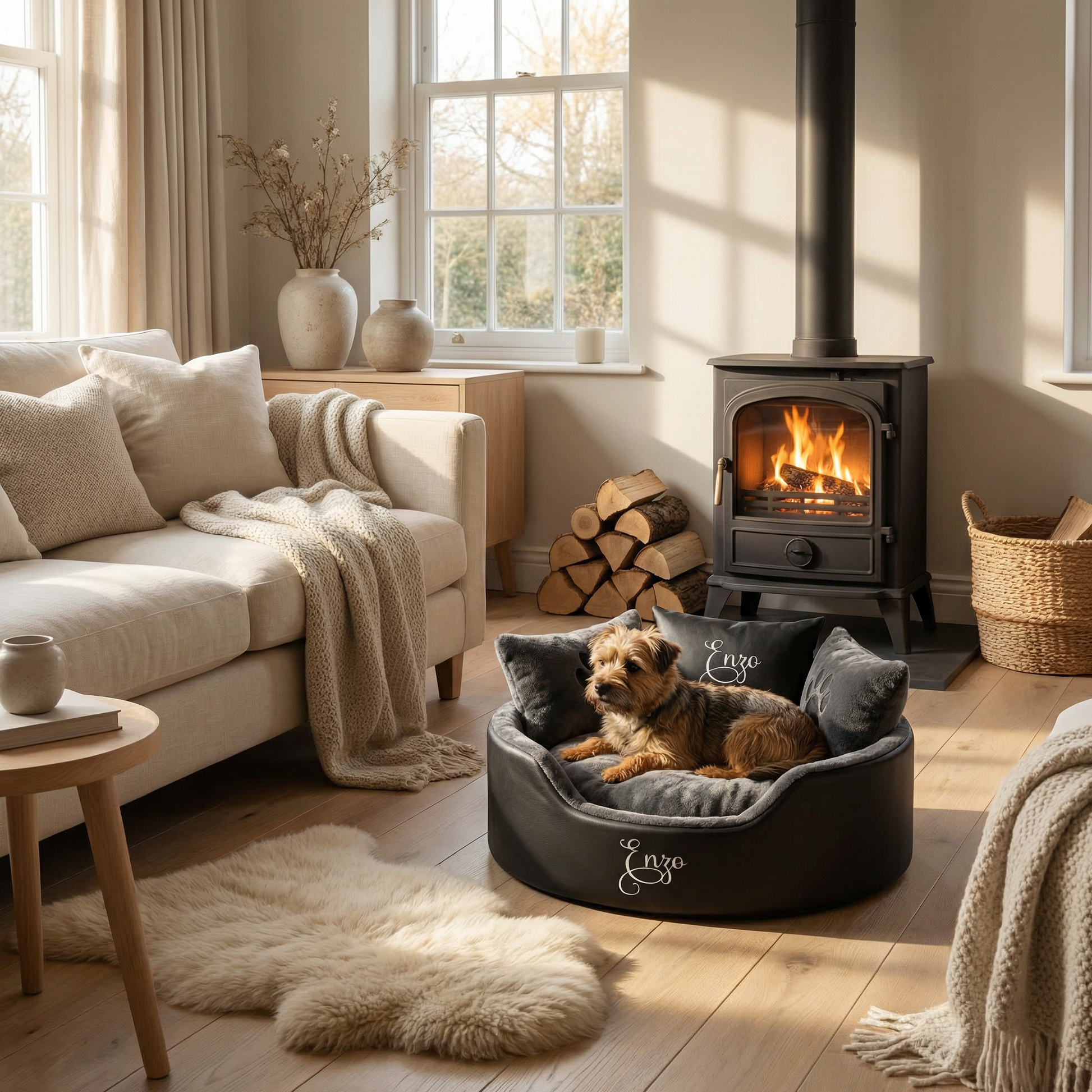 Personalised Black Leather & Grey Super Soft Dog Bed