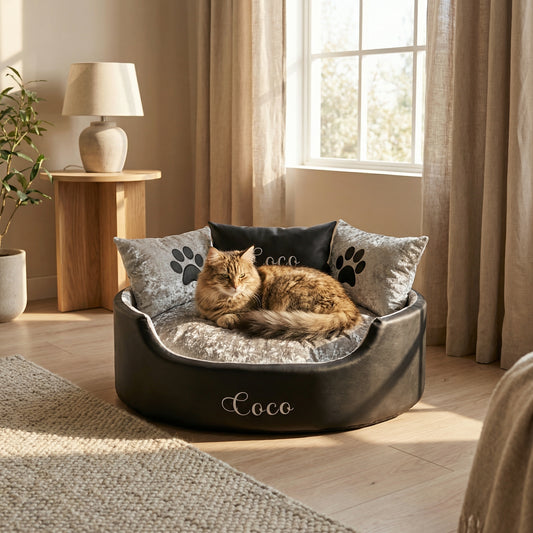 Personalised Black Leather & Silver Crushed Velvet Cat Bed