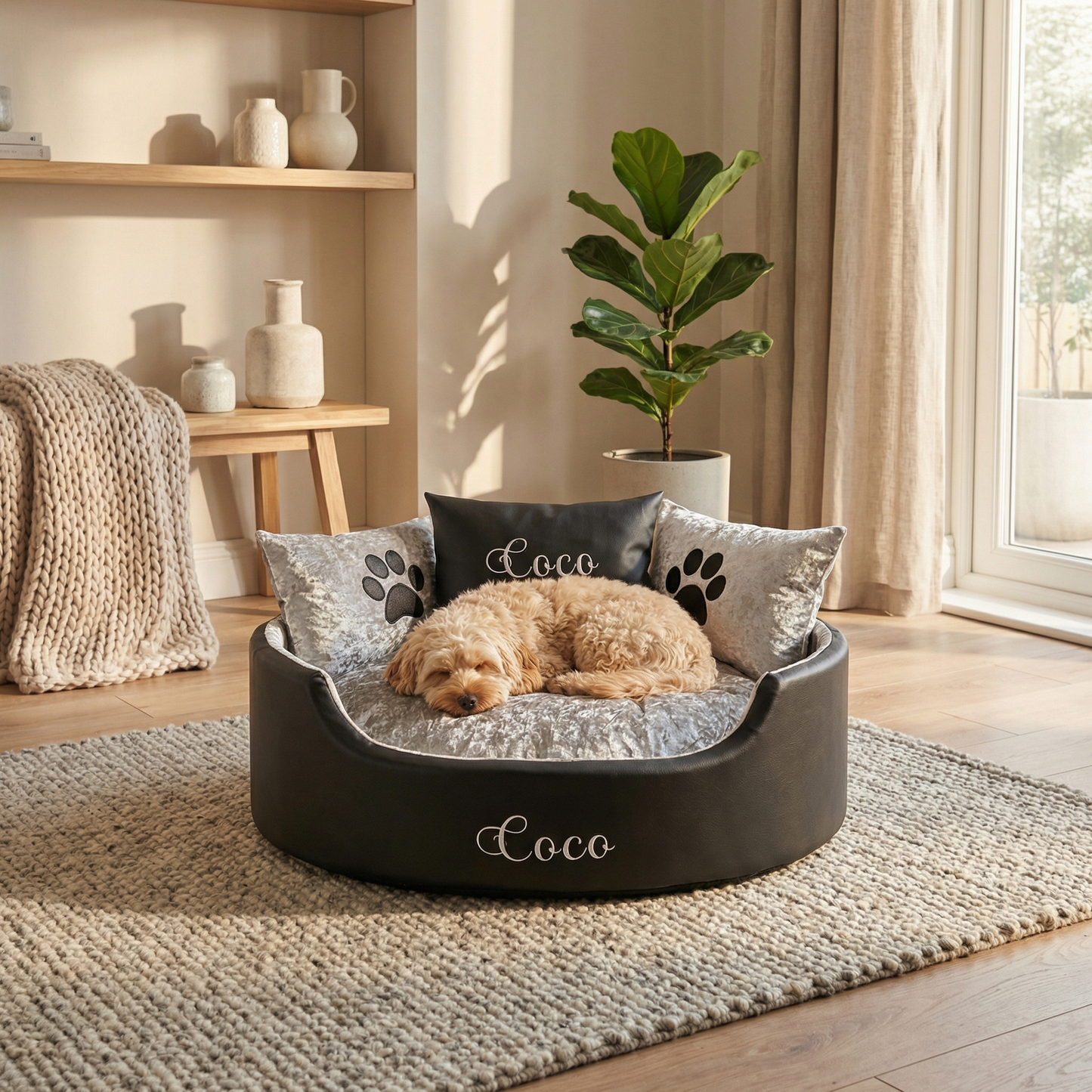 Personalised Black Leather & Silver Crushed Velvet Dog bed