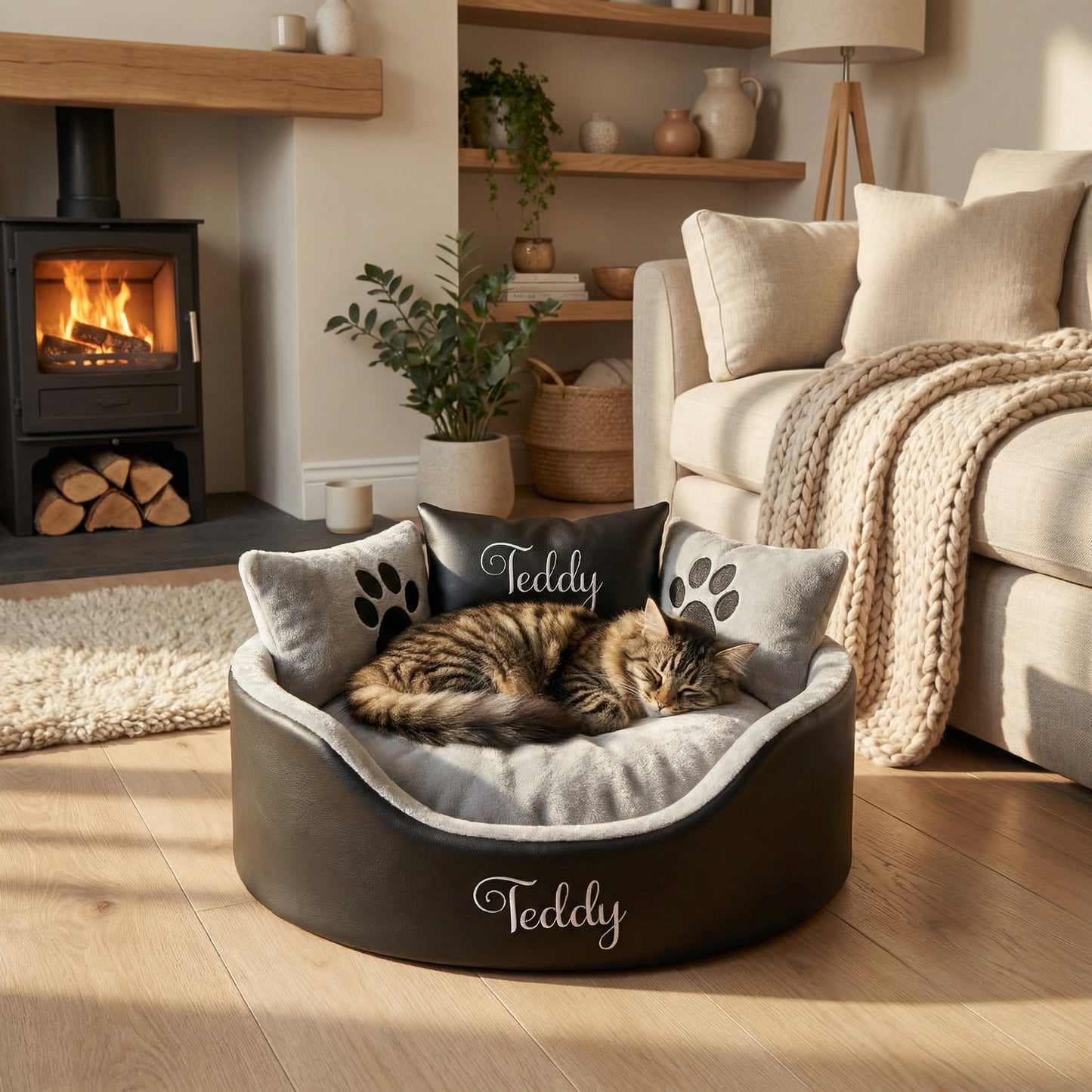 Personalised Black Leather & Silver Super Soft Cat Bed