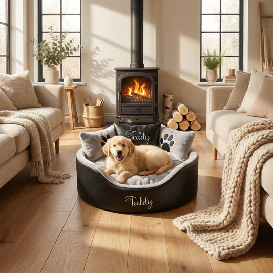 Personalised Black Leather & Silver Super Soft Dog Bed