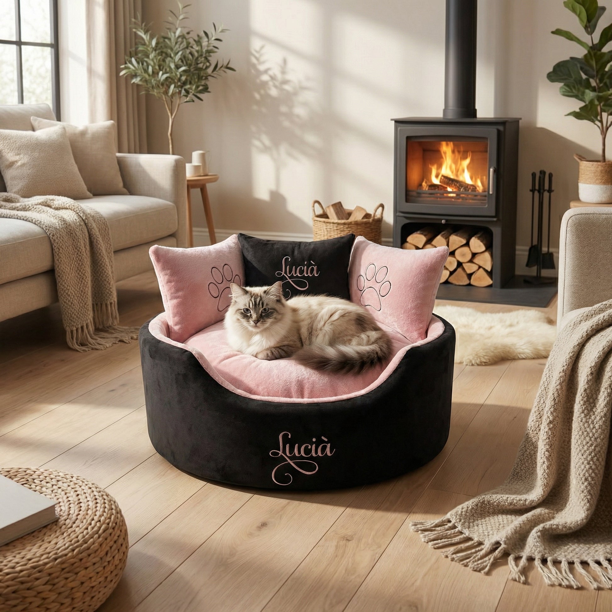 Personalised Black Suede And Blush Pink Cat Bed
