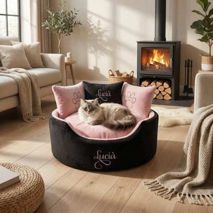 Personalised Black Suede And Blush Pink Cat Bed