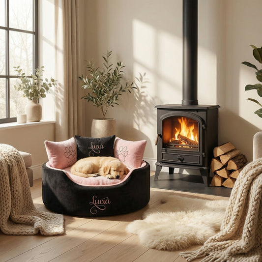 Personalised Black Suede And Blush Pink Dog Bed