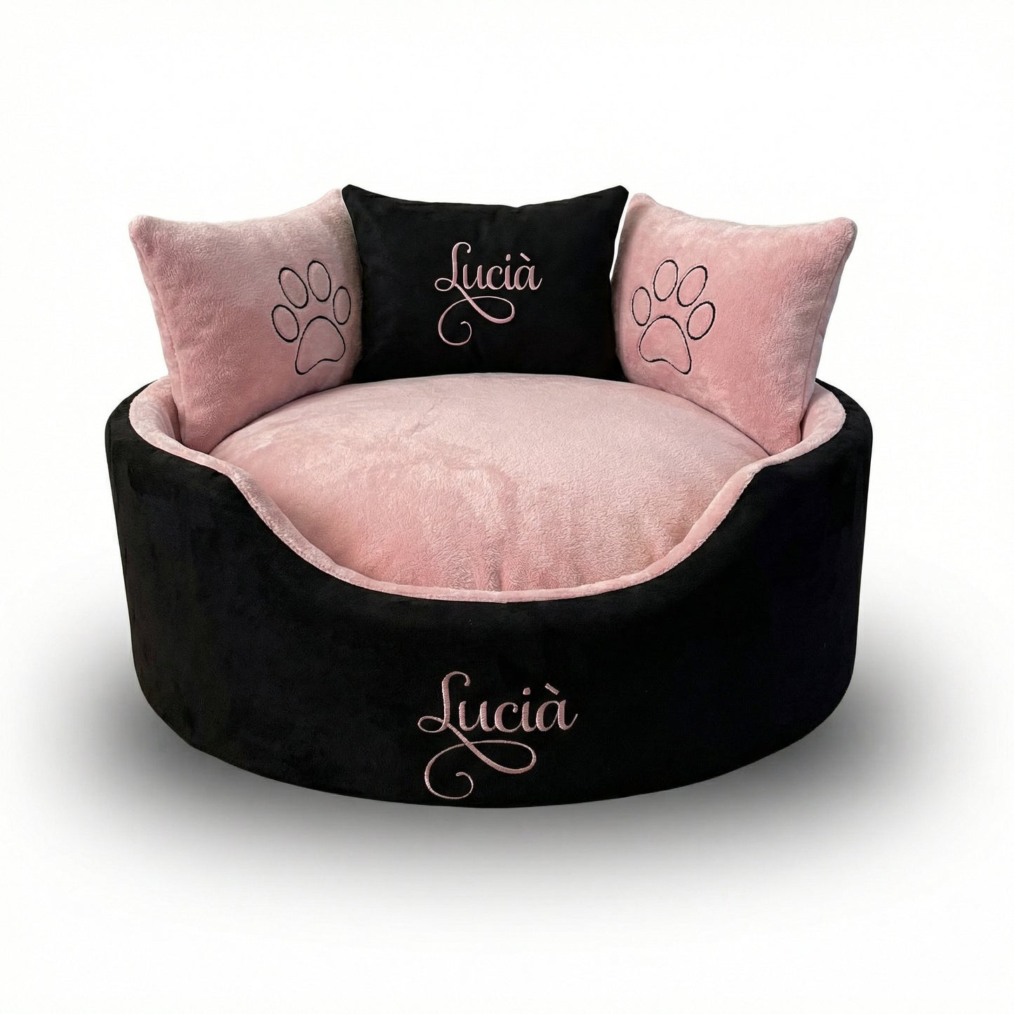 Personalised Black Suede And Blush Pink Dog & Cat Bed