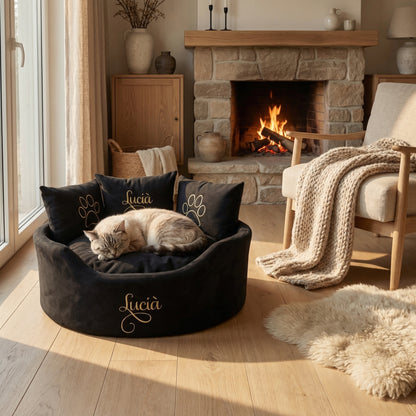 Personalised Black Suede And Gold Cat Bed