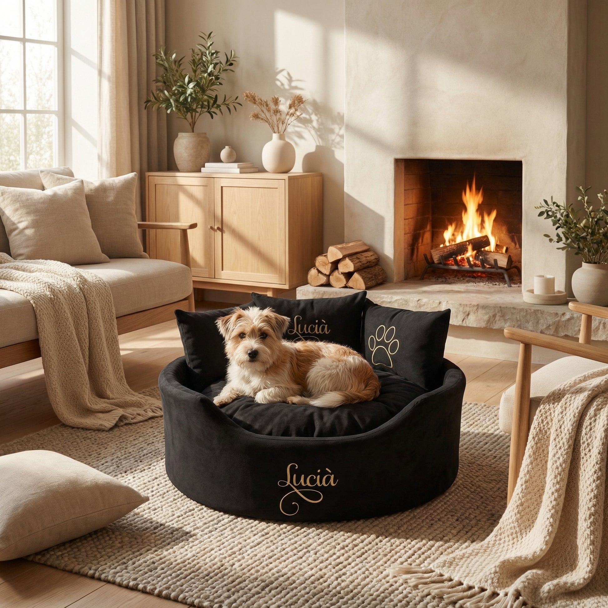 Personalised Black Suede And Gold Dog Bed