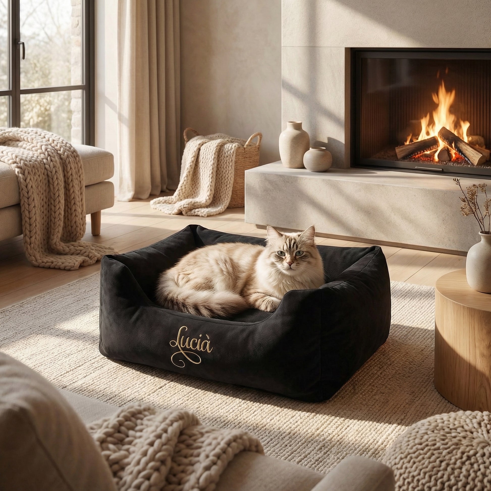 Personalised Black Suede And Gold Nest Cat Bed
