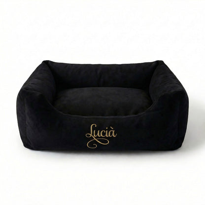 Personalised Black Suede And Gold Nest Dog & Cat Bed – Luxury Custom Pet Bed