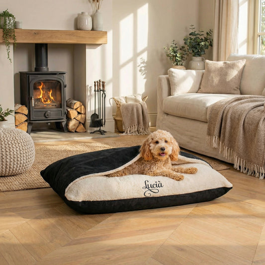 Personalised Black Suede & Cream Burrow Dog Bed