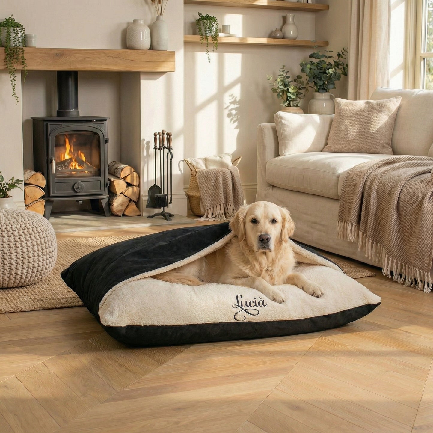 Personalised Black Suede & Cream Burrow Dog Bed 2