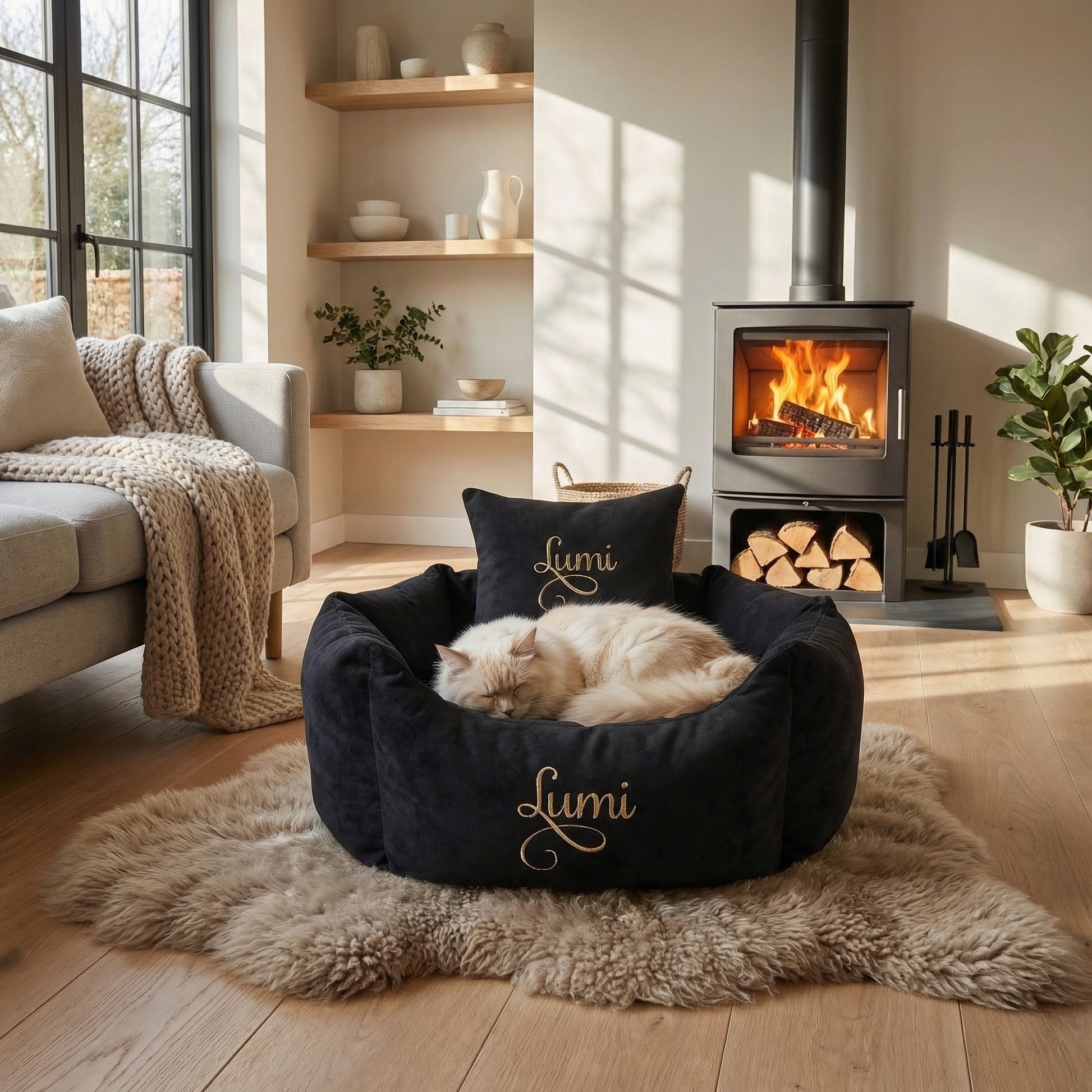 Personalised Black Suede & Gold Snuggle Cat Bed
