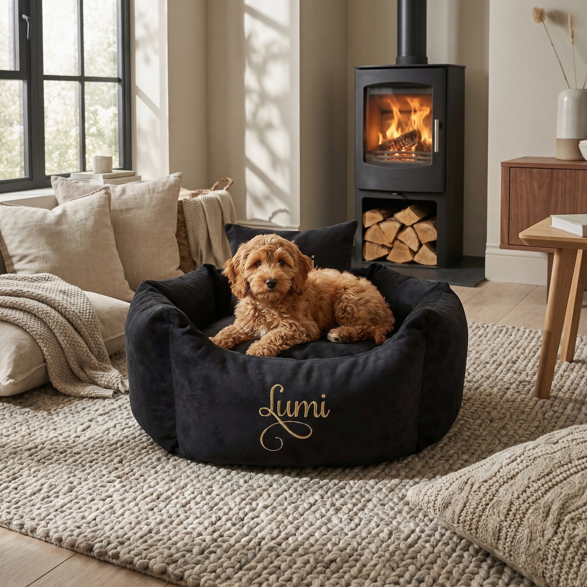 Personalised Black Suede & Gold Snuggle Dog Bed