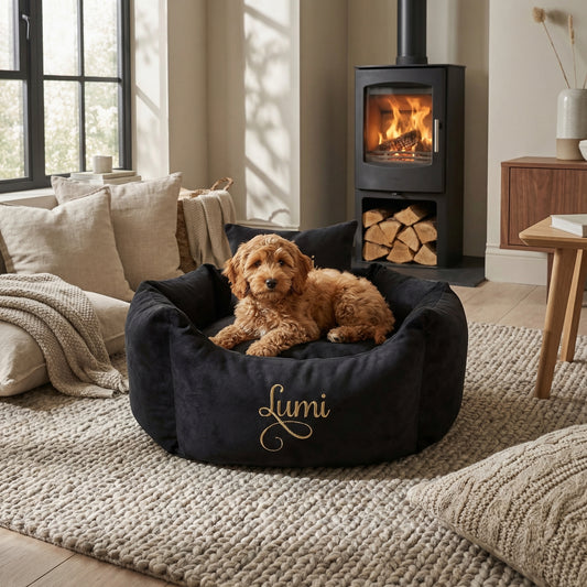 Personalised Black Suede & Gold Snuggle Dog Bed