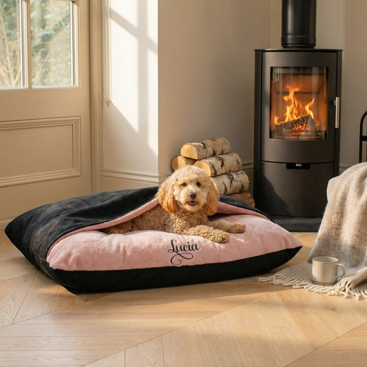 Personalised Black Suede & Pink Blush Burrow Dog Bed
