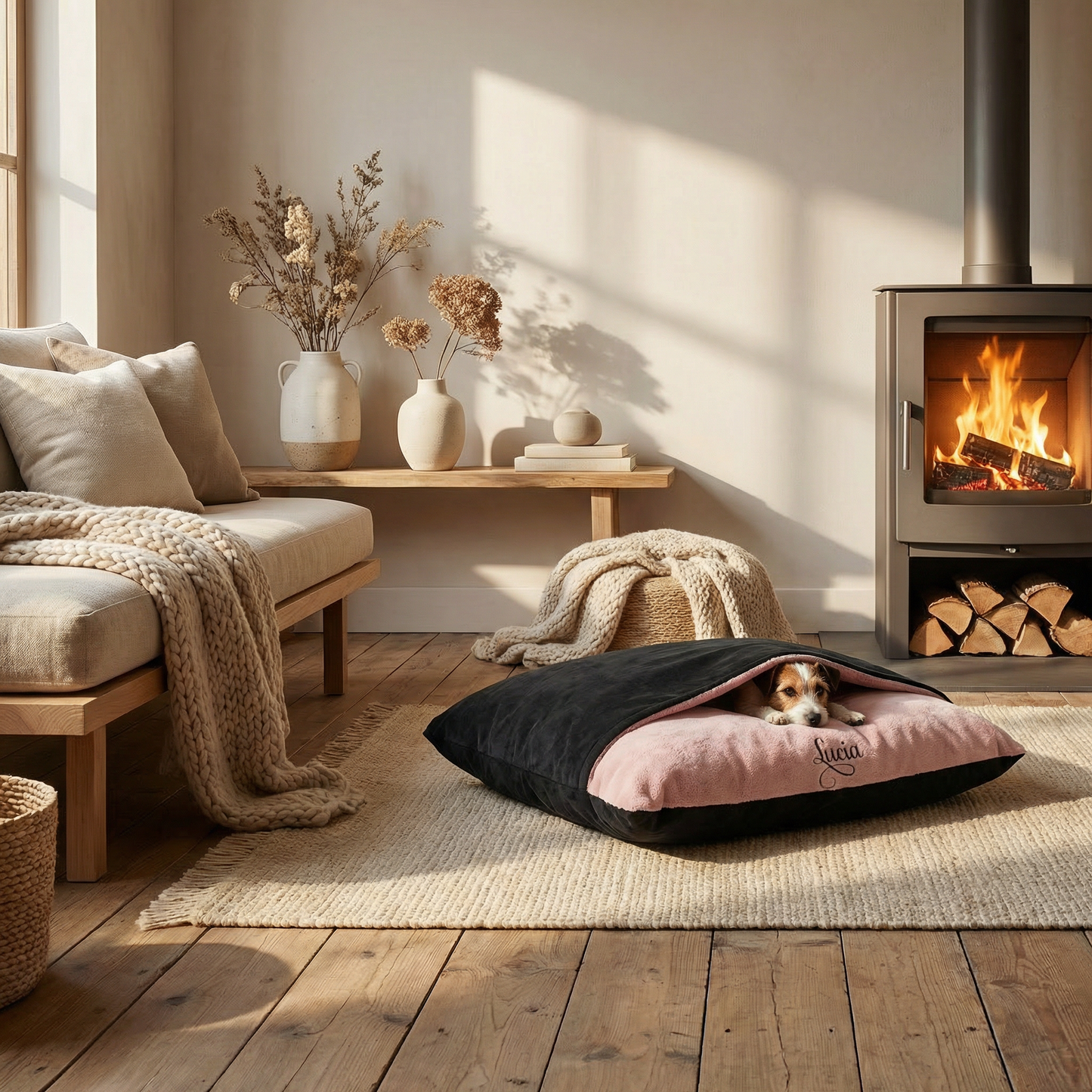 Personalised Black Suede & Pink Blush Burrow Dog Bed 1