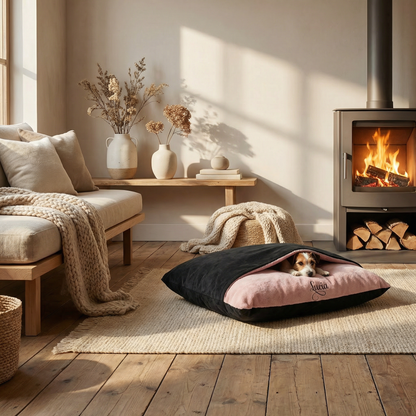 Personalised Black Suede & Pink Blush Burrow Dog Bed 1