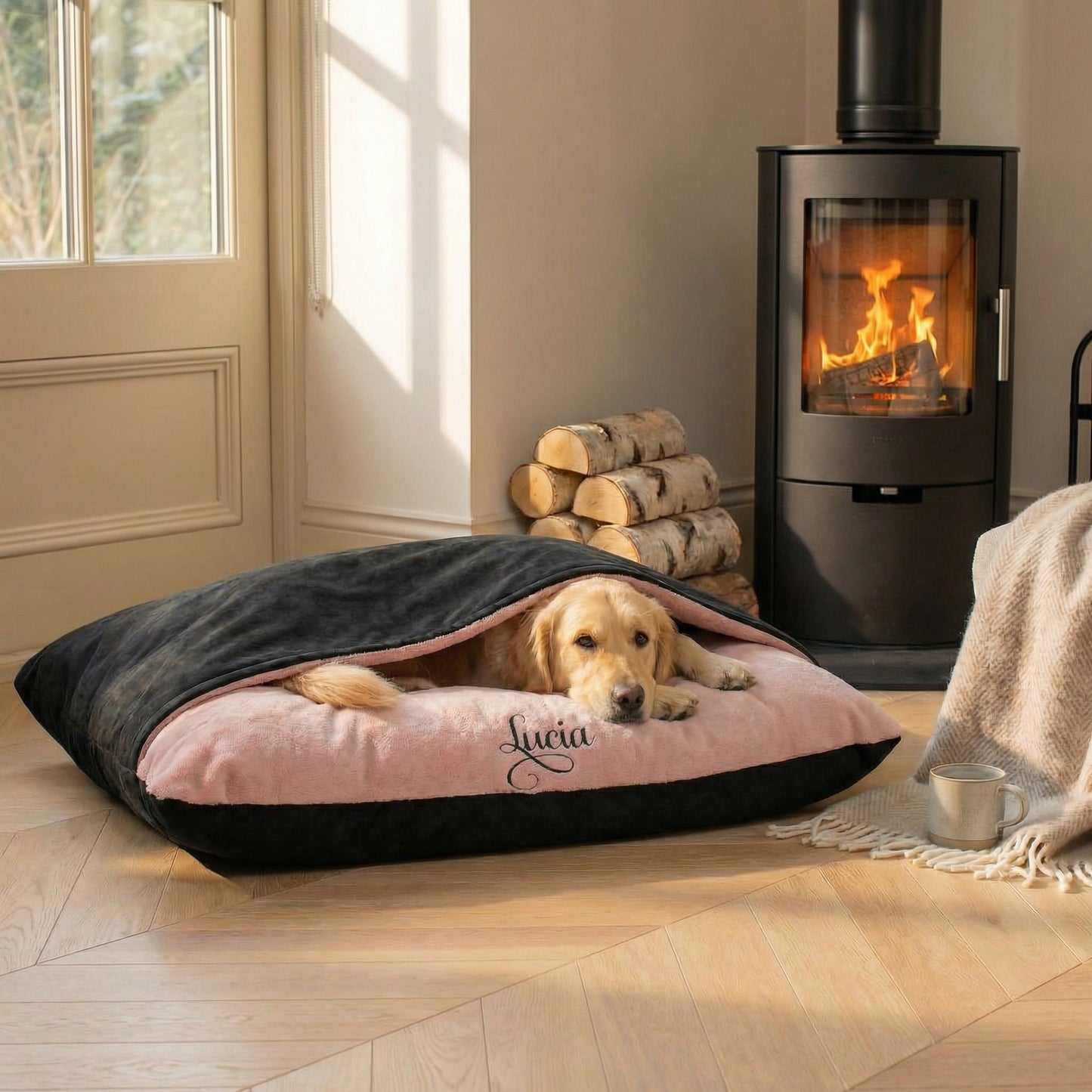 Personalised Black Suede & Pink Blush Burrow Dog Bed 2