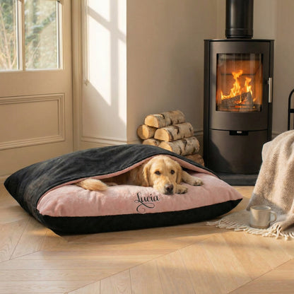 Personalised Black Suede & Pink Blush Burrow Dog Bed 2
