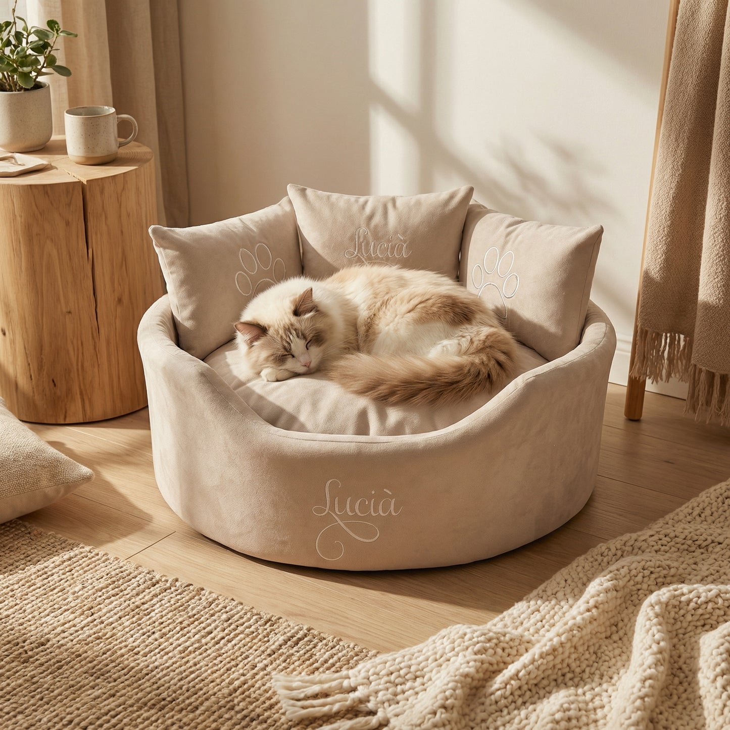 Personalised Cream Suede Cat Bed