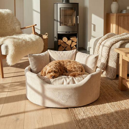 Personalised Cream Suede Dog Bed