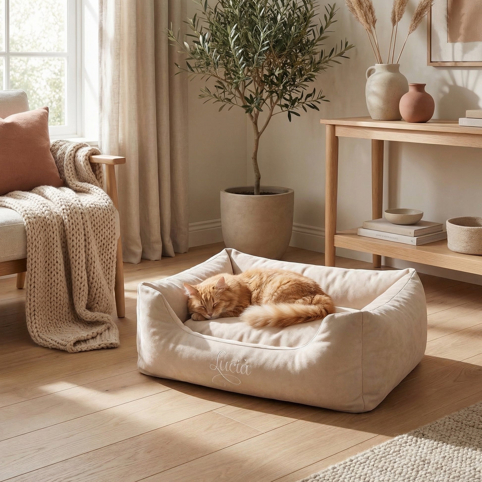 Personalised Cream Suede Nest Bed For Cats