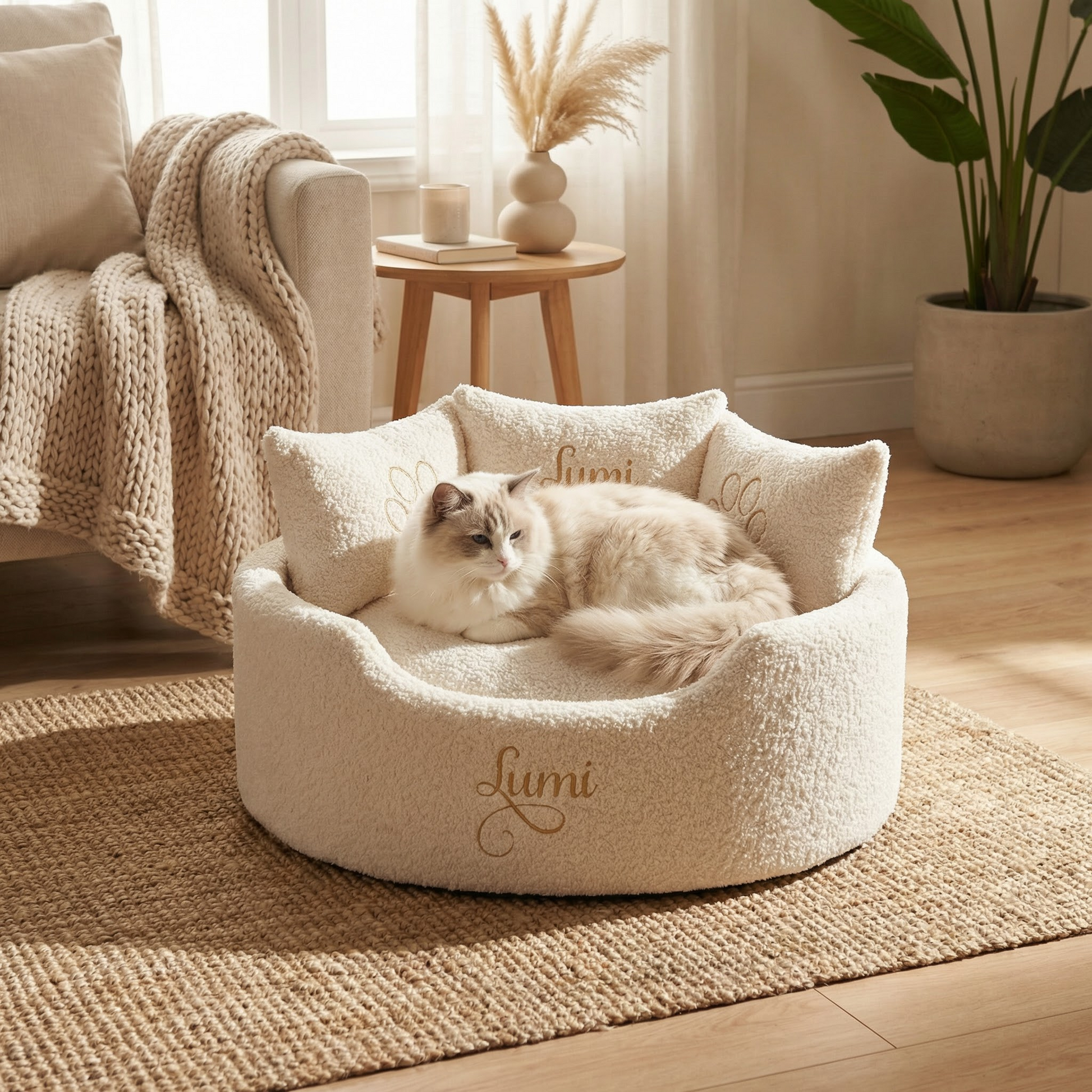 Personalised Cream With Gold Writing Cat bed