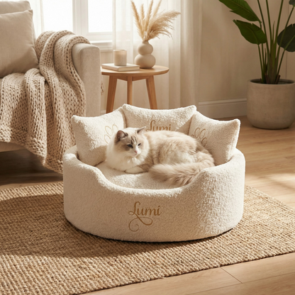 Personalised Cream With Gold Writing Cat bed