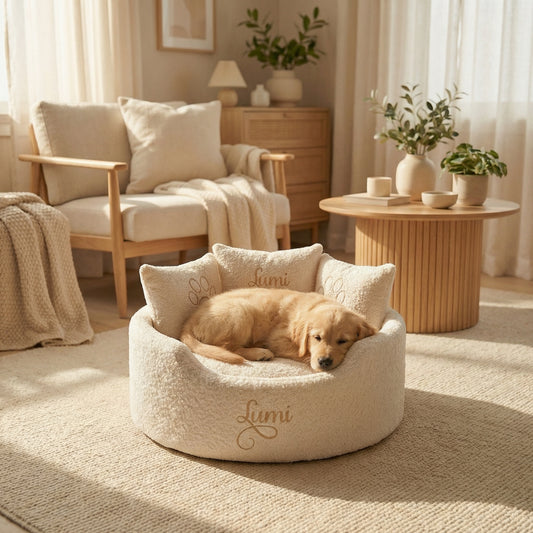 Personalised Cream With Gold Writing Dog bed