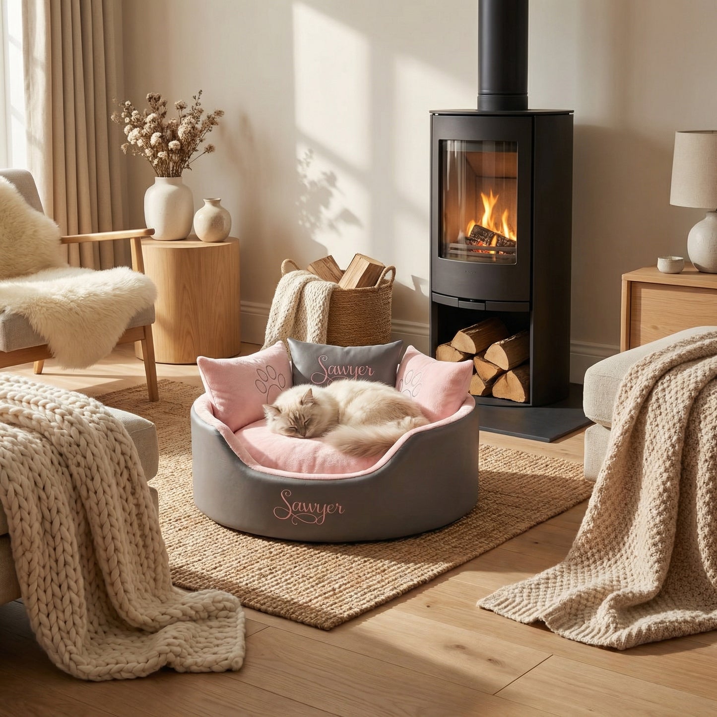 Personalised Grey Leather & Pink Super Soft Cat Bed