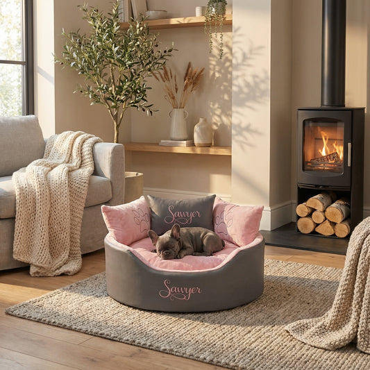 Personalised Grey Leather & Pink Super Soft Dog Bed