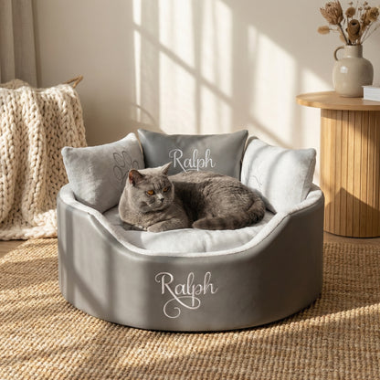 Personalised Grey Leather & Silver Super Soft Cat Bed