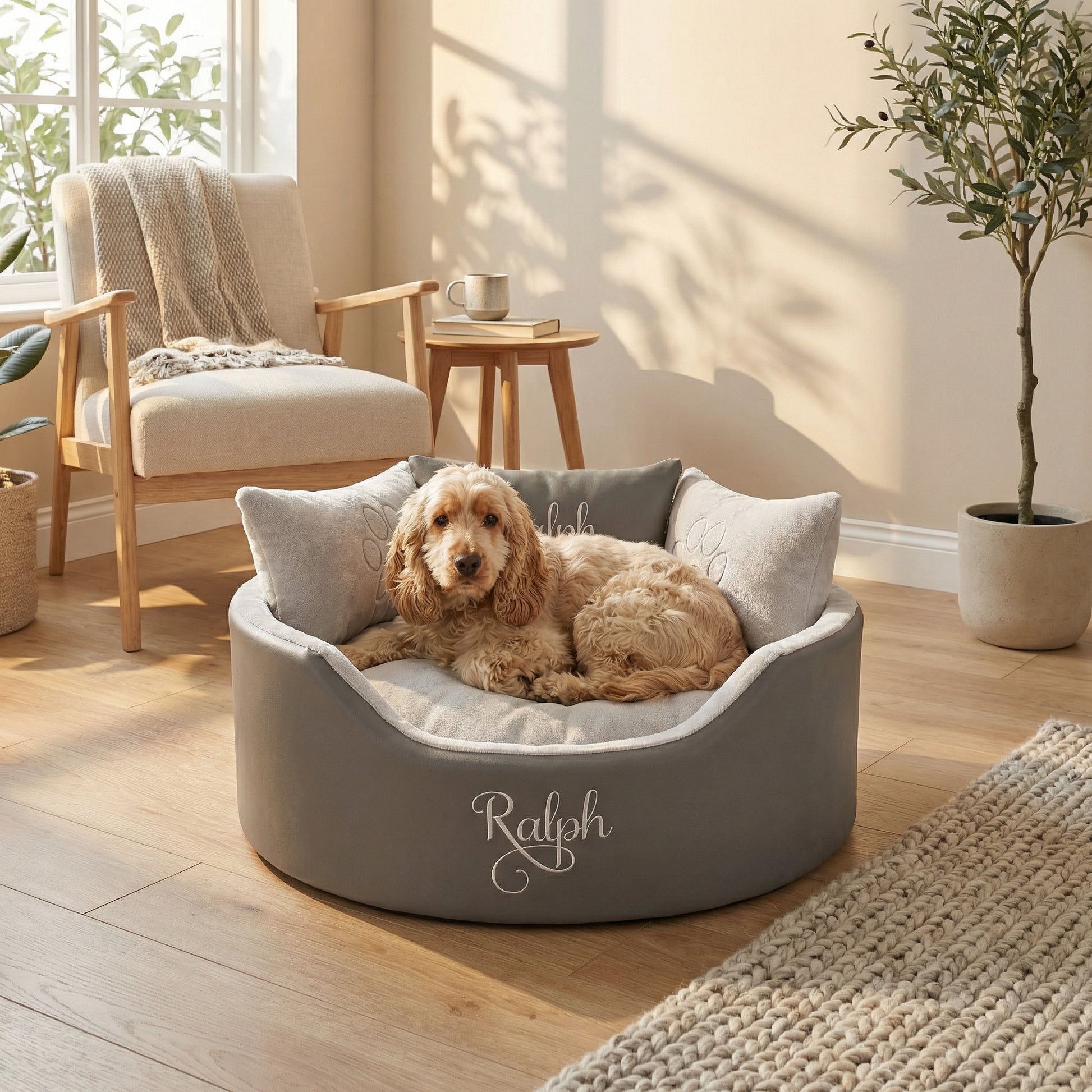 Personalised Grey Leather & Silver Super Soft Dog Bed