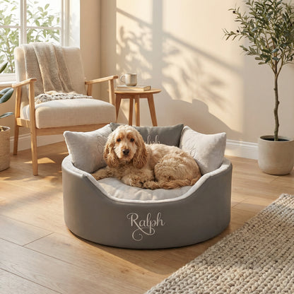 Personalised Grey Leather & Silver Super Soft Dog Bed